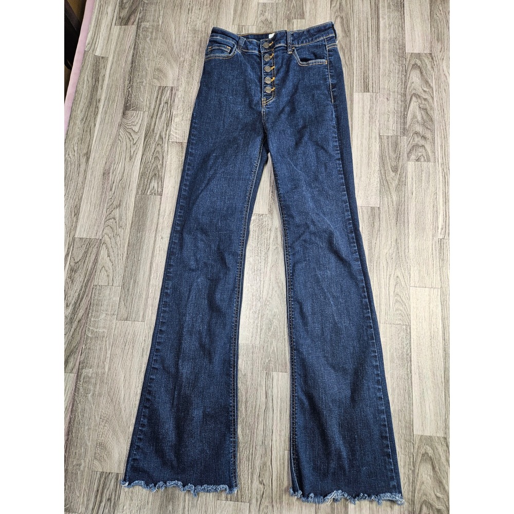 Cello Flare Jeans Womens Size 7 Dark Wash Button Fly Raw Hem Denim